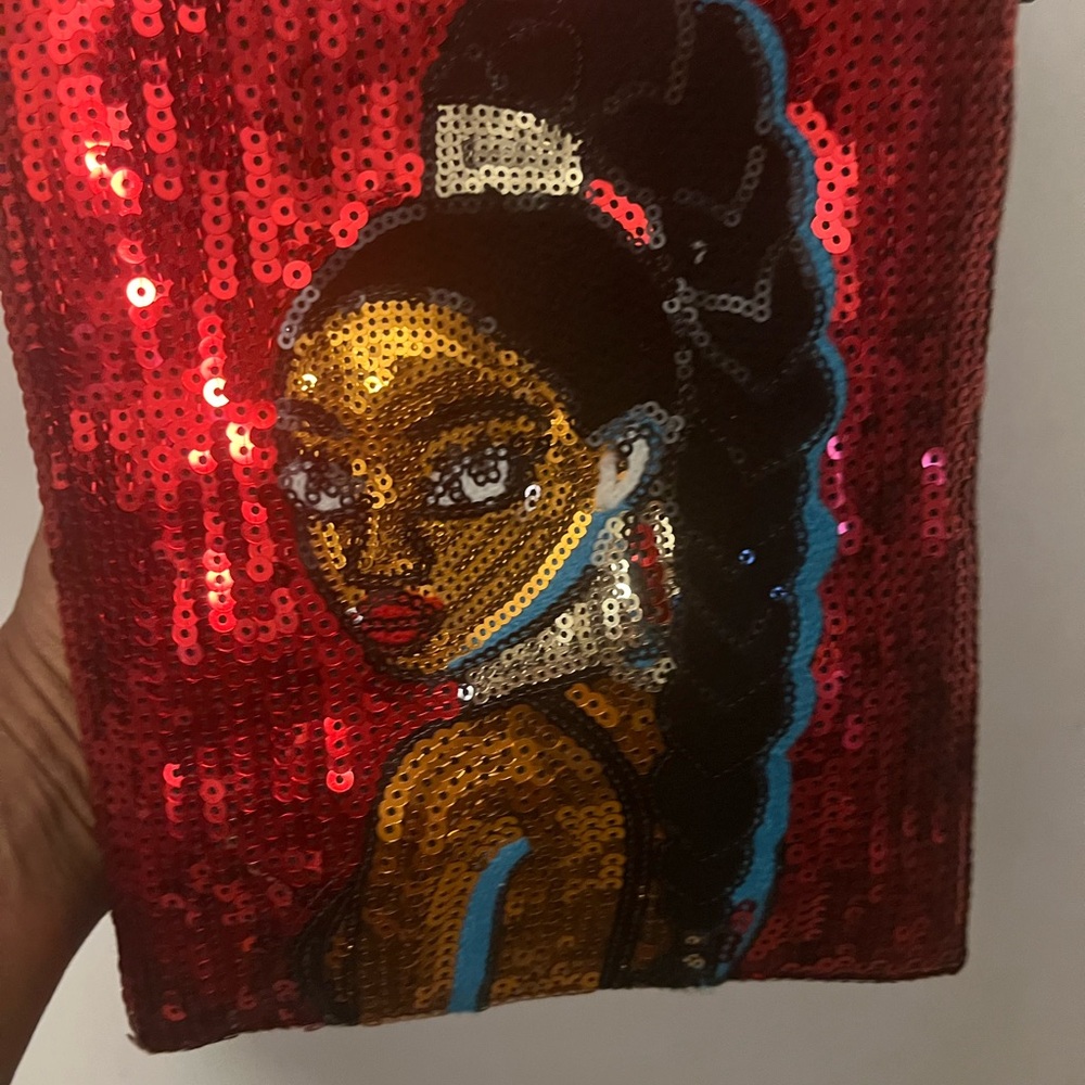 Glamorous Sequin Bag with Red and Gold Design